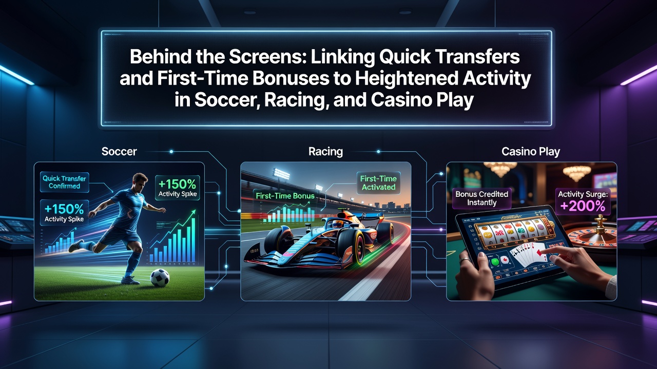 Illustration showing mobile betting interfaces with instant transfer icons and welcome bonus notifications overlaid on soccer, racing, and casino scenes