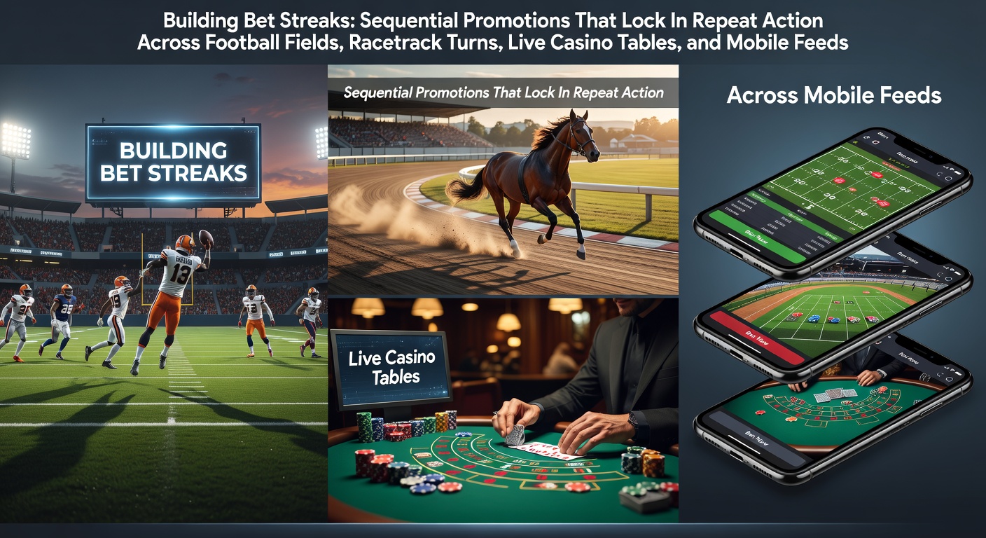 Dynamic illustration of a bettor's screen showing sequential soccer bet promotions chaining into racing and casino offers, with mobile notifications popping up in the background