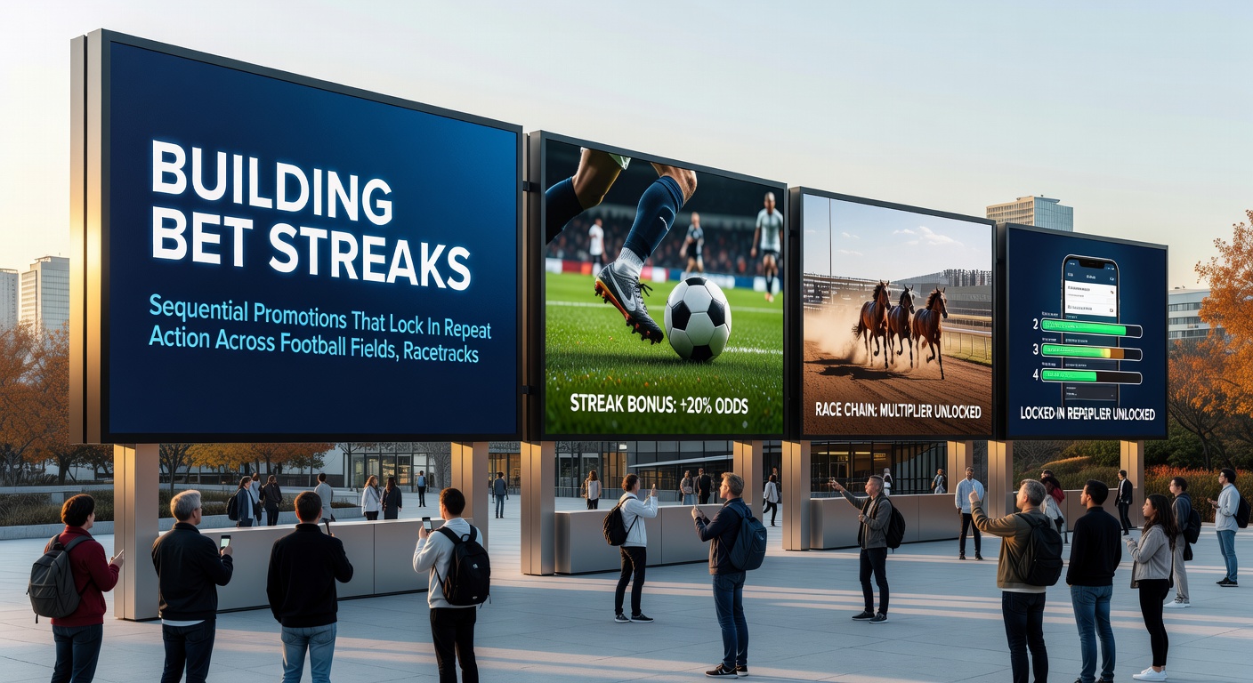 Close-up of a racetrack betting interface displaying sequential promotions: a winning each-way bet unlocking a double for the next race, with soccer and casino crossovers in side panels