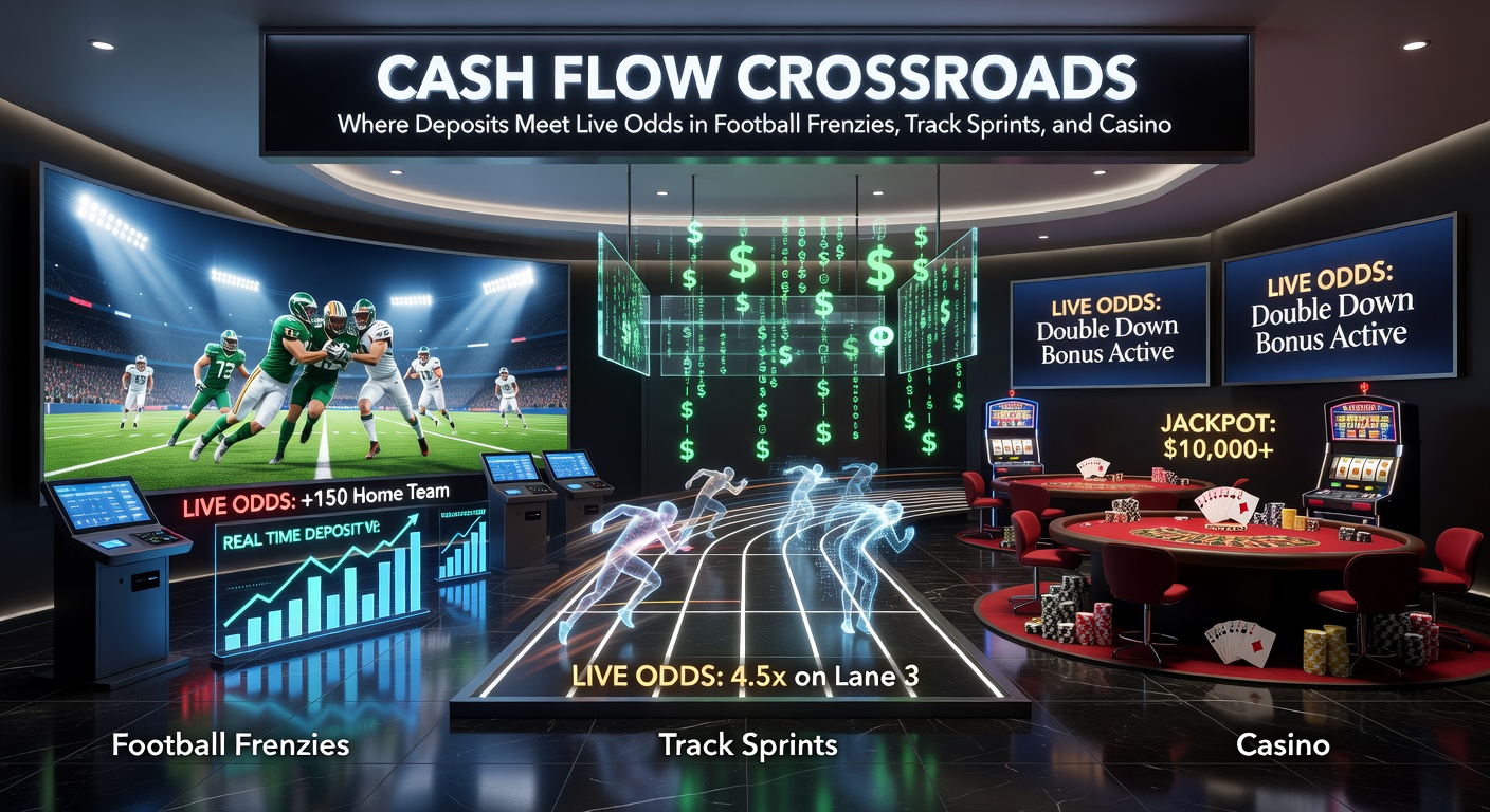 High-speed sprint race with horses crossing the finish line, digital overlays showing live odds updates and instant deposit notifications on a bettor's phone