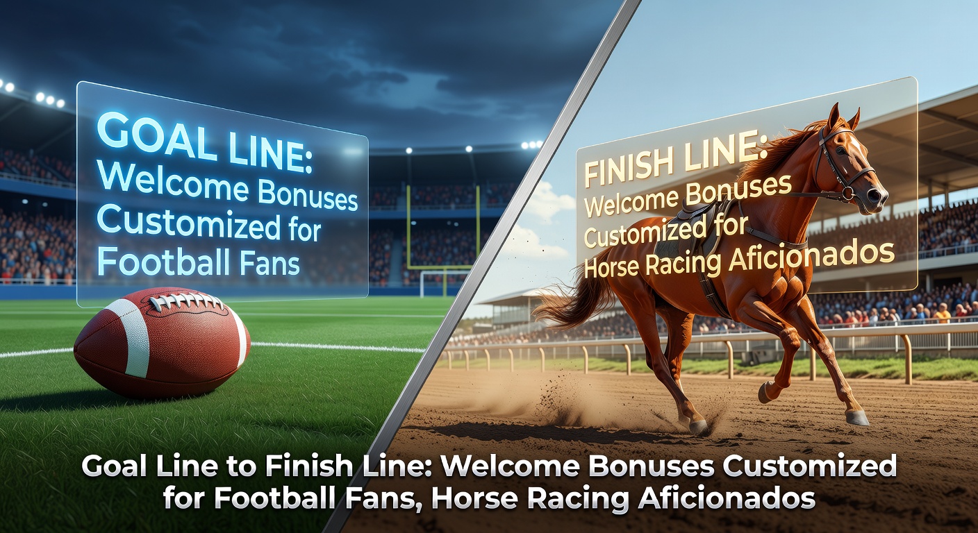 Horse racing scene at a sunlit track with jockeys in action, digital overlays showing welcome bonus promotions and enhanced odds for racing fans