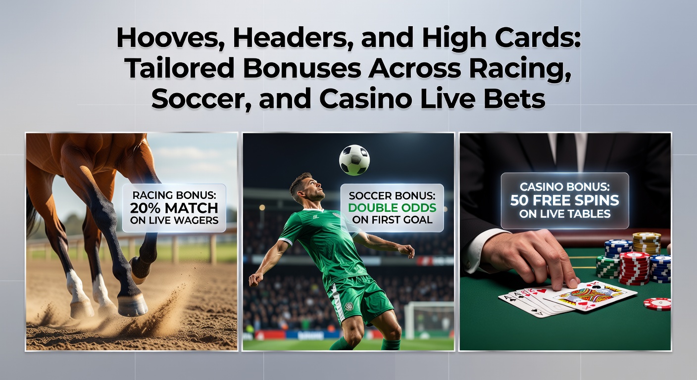 Dynamic scene of a horse race finish line with overlaid bonus icons highlighting tailored promotions for racing bettors