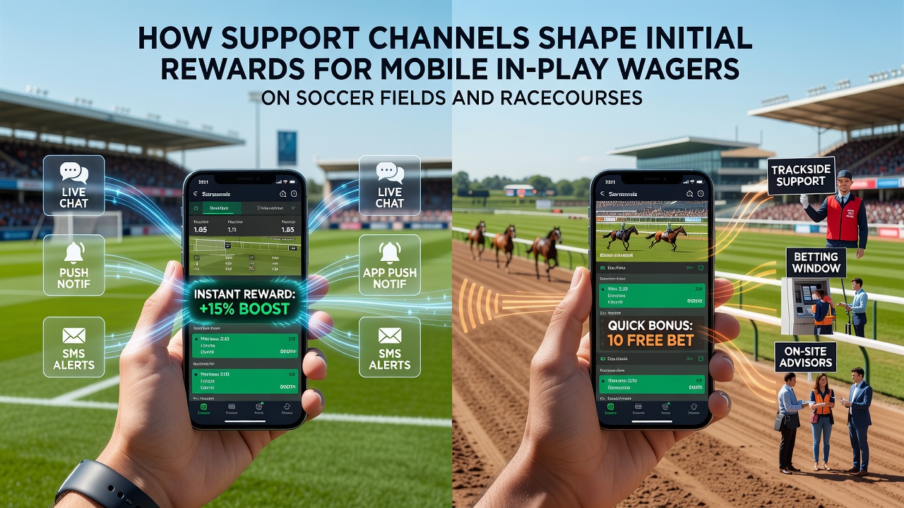 Mobile support interfaces displaying in-play wager options for soccer and horse racing events