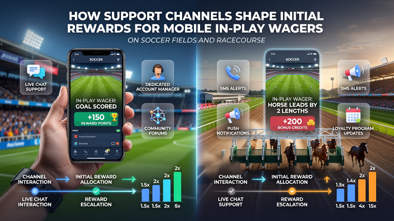 Support agents assisting users wth mobile in-play betting rewards on soccer and racing platforms