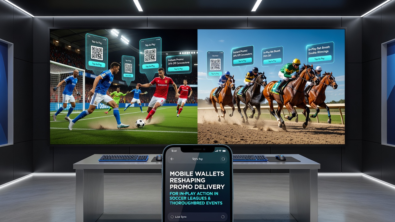 Mobile wallet interface displaying instant soccer match promotions and thoroughbred racing bonuses during live events