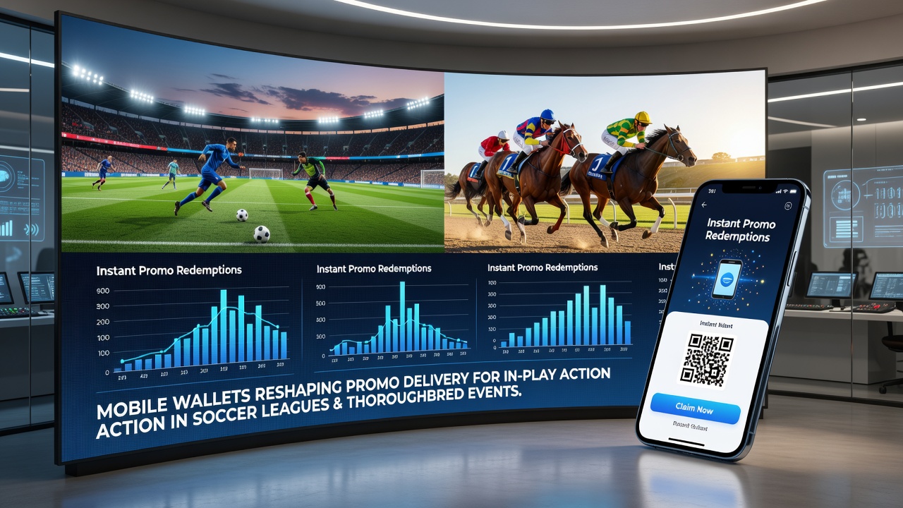 Thoroughbred race scene with overlaid mobile wallet promo notification for in-play betting