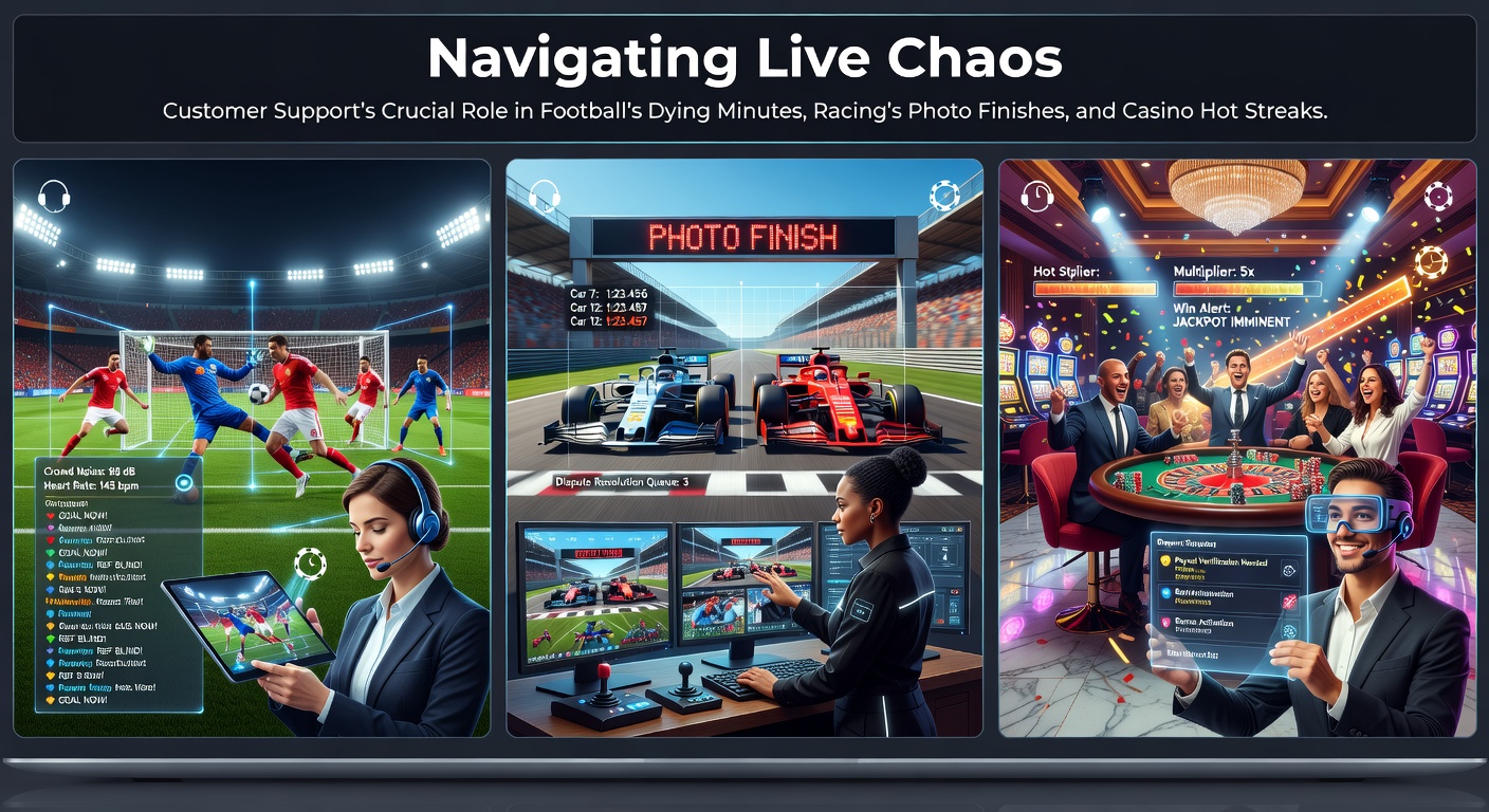 Intense live betting scene with a soccer match clock ticking down, overlaid with chat support icons and racing finish line tension