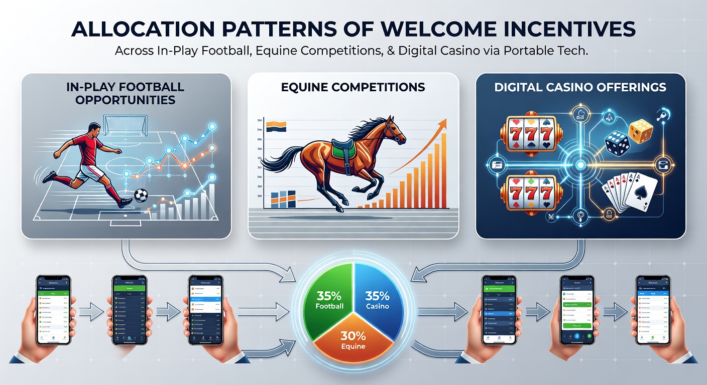 Mobile betting interface showing allocation of welcome bonuses across football, horse racing, and casino sections on a smartphone screen