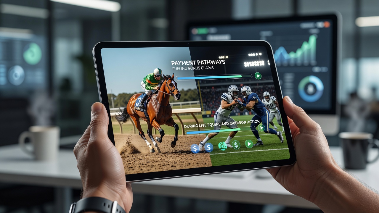 Mobile device displaying live horse racing and American football betting interface with instant payment options