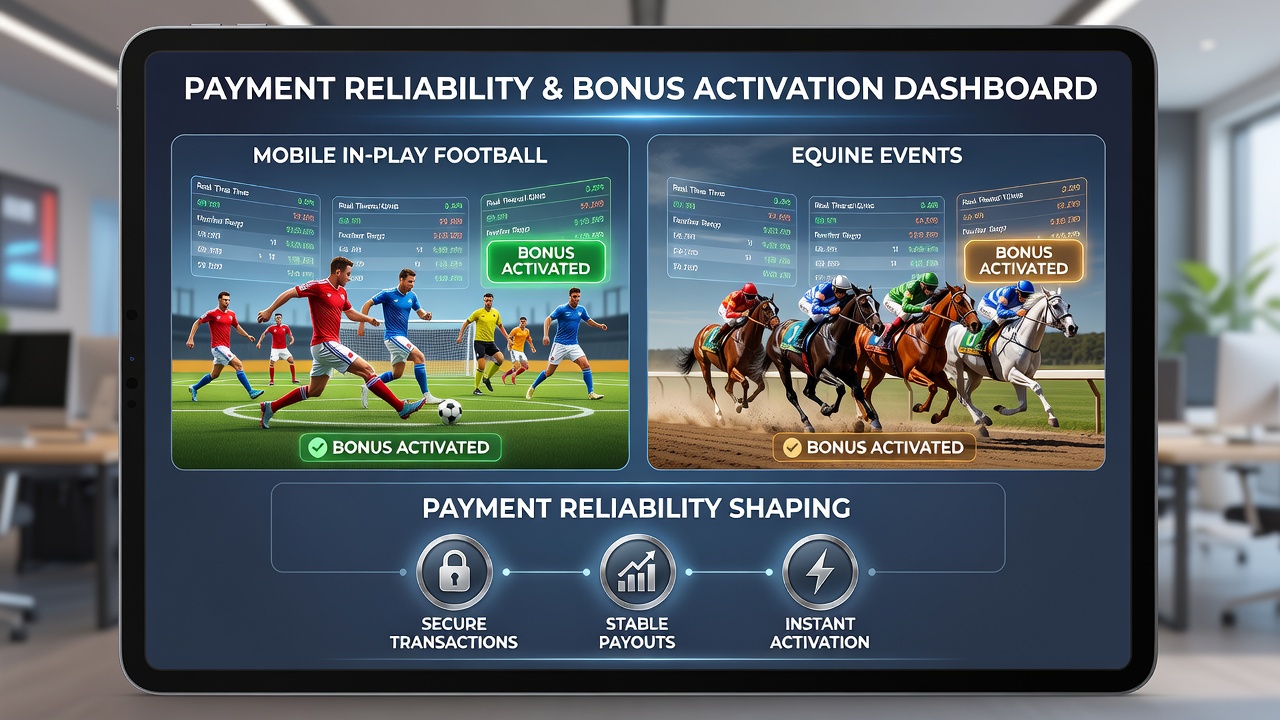 Equine racing live betting screen displaying instant payout and active bonus status on mobile device