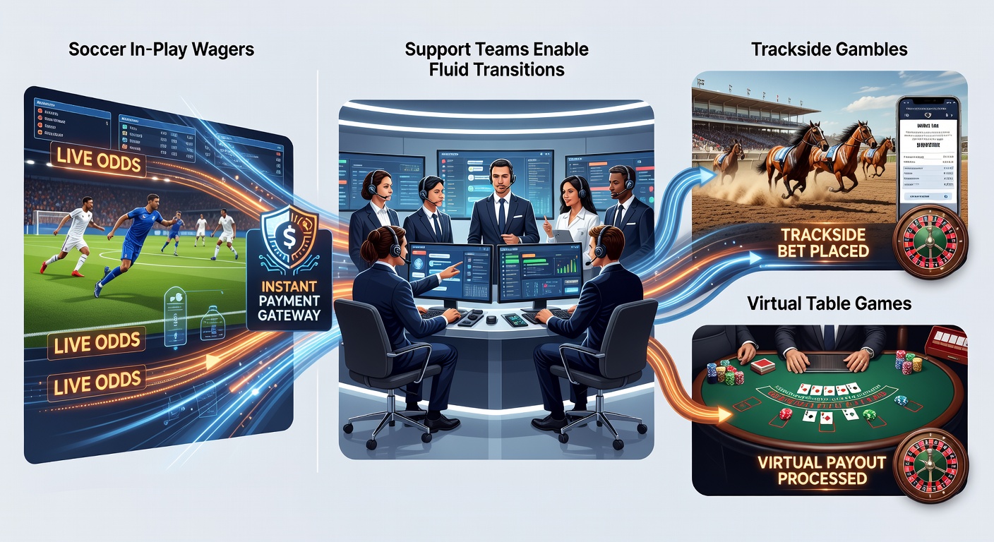 Digital interface showing seamless transitions between soccer betting, horse racing odds, and virtual blackjack tables on a mobile app