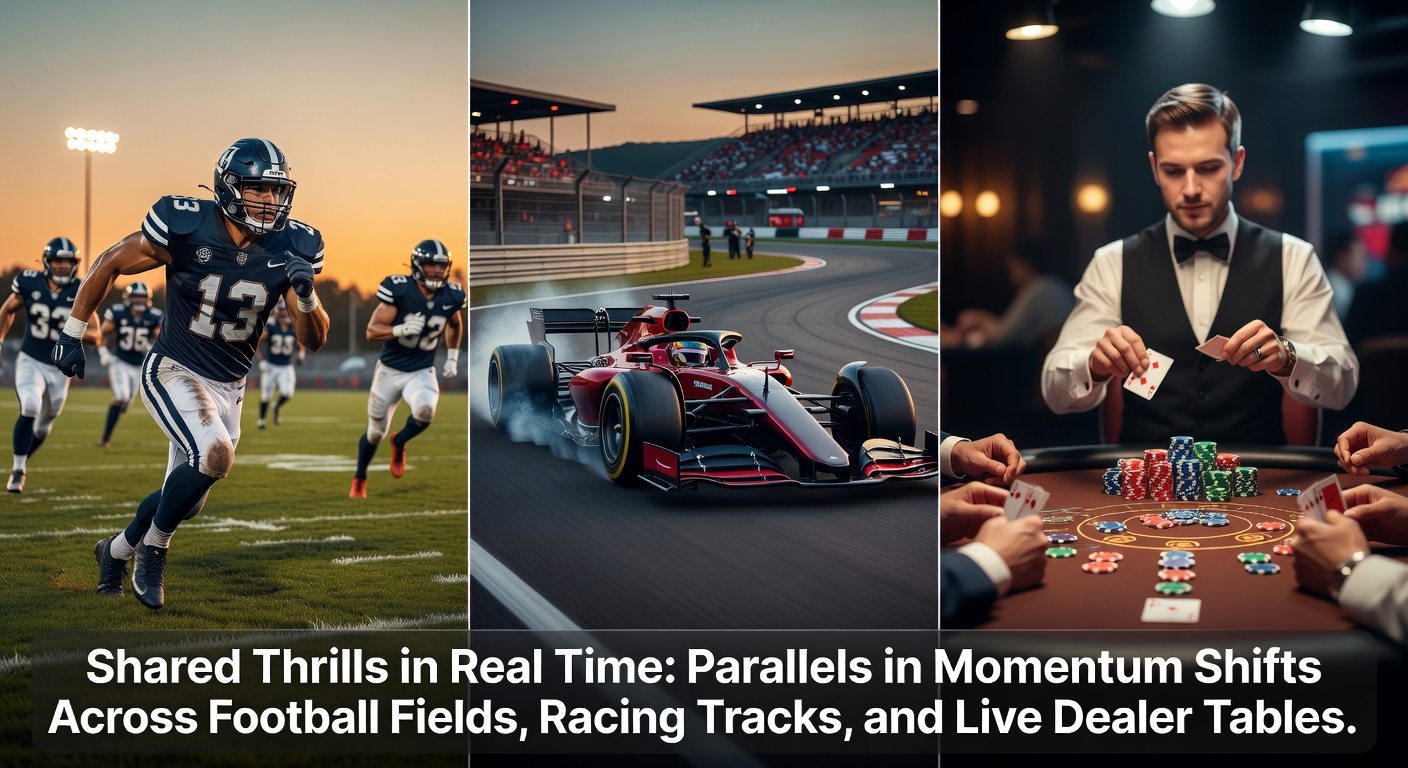 Dynamic action shot capturing a soccer player celebrating a goal, a race car overtaking on a tight curve, and a live dealer spinning roulette, highlighting shared momentum shifts