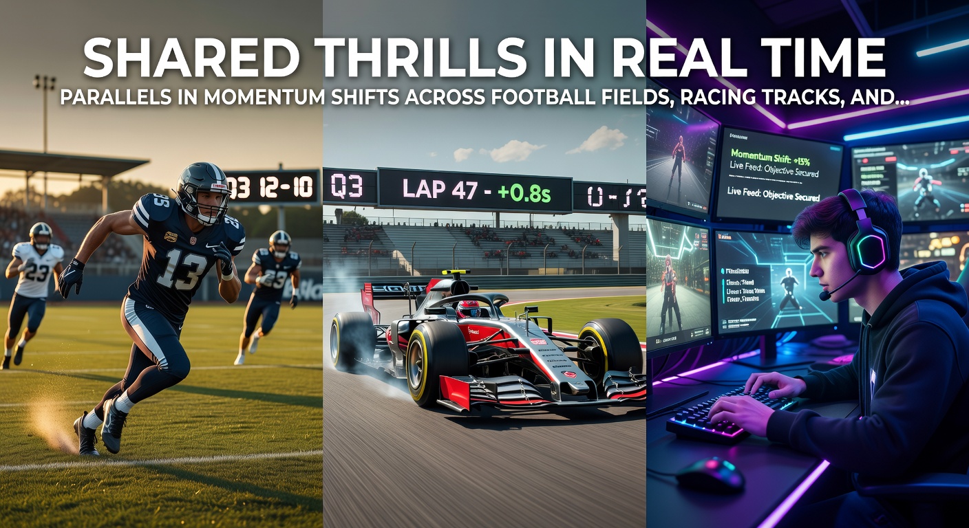 Close-up collage of a tense soccer penalty kick, a Formula 1 car battling for position, and a live dealer dealing blackjack cards, illustrating synchronized real-time thrills