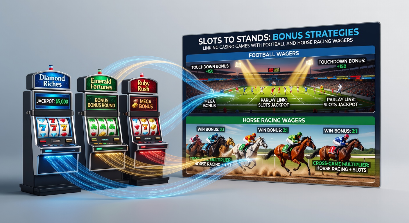 Vibrant display of slot reels morphing into soccer stadium lights and galloping horses on a racetrack, symbolizing linked bonus promotions across casino and sports betting