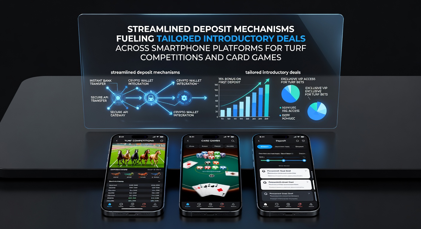 Smartphone screen displaying quick deposit options for turf racing and card game betting apps with promotional banners