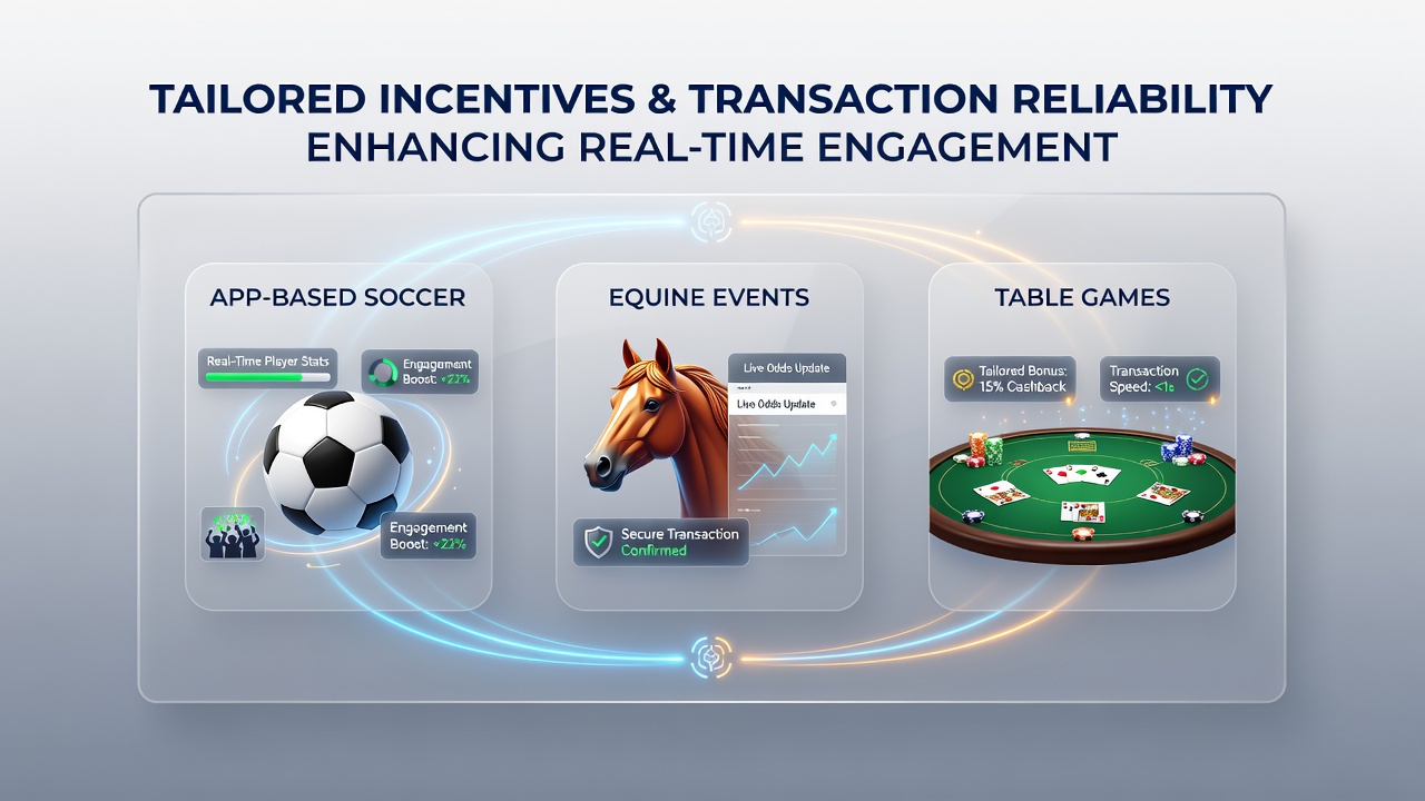 Mobile app interface showing tailored bonus offers for soccer matches, horse racing events, and table games with instant transaction confirmations