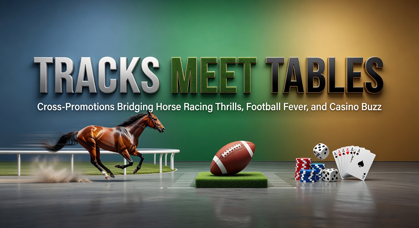 Vibrant scene of a horse race, soccer match, and casino table overlapping in promotional graphics, symbolizing cross-industry betting links