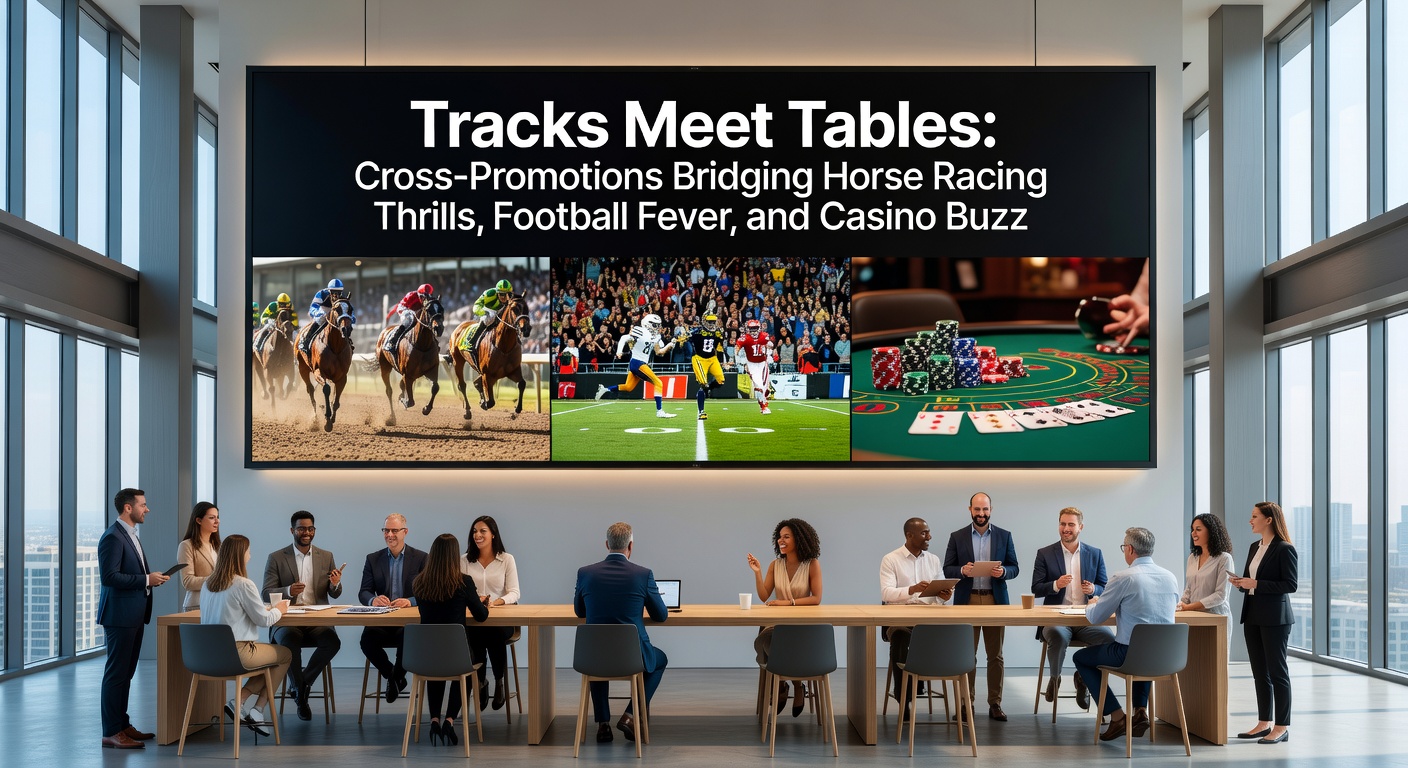 Dynamic collage showing promotional banners for horse racing bets unlocking soccer free plays and casino free spins, highlighting interconnected betting worlds
