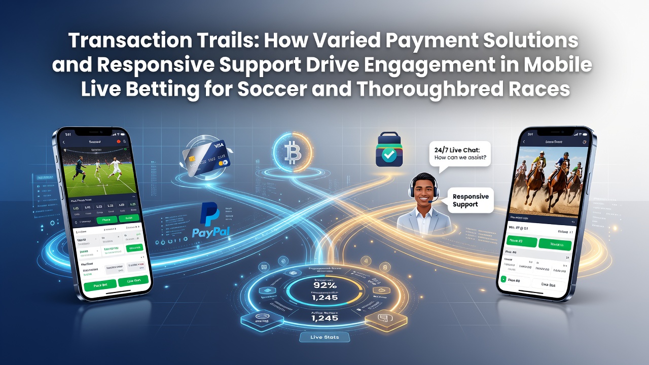 Mobile live betting interface showing real-time soccer and thoroughbred race options with payment and support features highlighted